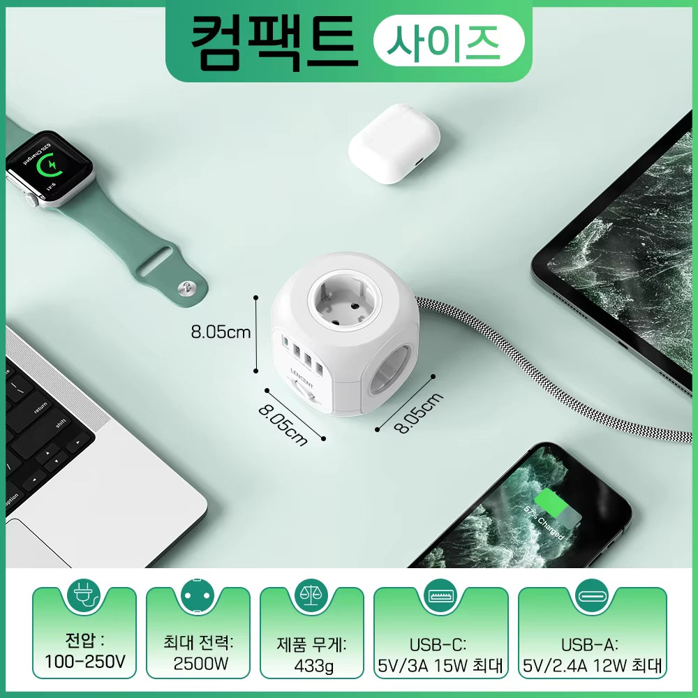 EU Plug Power Strip with 4 AC Outlets, 3 USB Ports, 1 Type-C Port, 2M/3M Braided Cable, Multi-Socket with Switch for Home Use