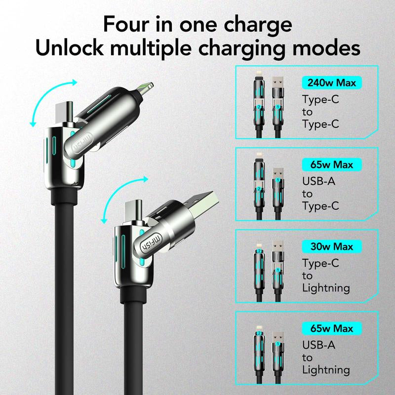 2-Pack Mfish Universal 4-In-1 Multi USB Charging Cable – USB A, Type C, Lightning Connectors – MAX 240W Fast Charging & Data Sync for Iphone, Samsung and Efficient Electronic Smartphones