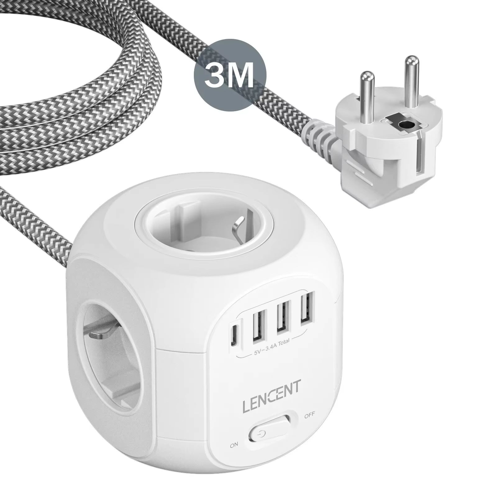 EU Plug Power Strip with 4 AC Outlets, 3 USB Ports, 1 Type-C Port, 2M/3M Braided Cable, Multi-Socket with Switch for Home Use