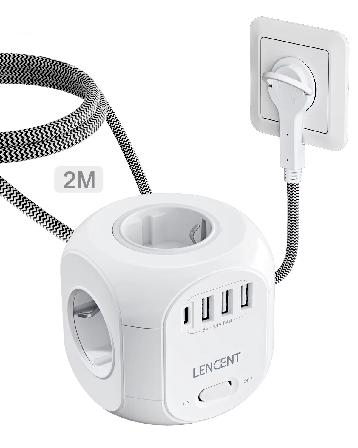 EU Plug Power Strip with 4 AC Outlets, 3 USB Ports, 1 Type-C Port, 2M/3M Braided Cable, Multi-Socket with Switch for Home Use