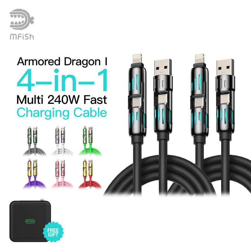 2-Pack Mfish Universal 4-In-1 Multi USB Charging Cable – USB A, Type C, Lightning Connectors – MAX 240W Fast Charging & Data Sync for Iphone, Samsung and Efficient Electronic Smartphones