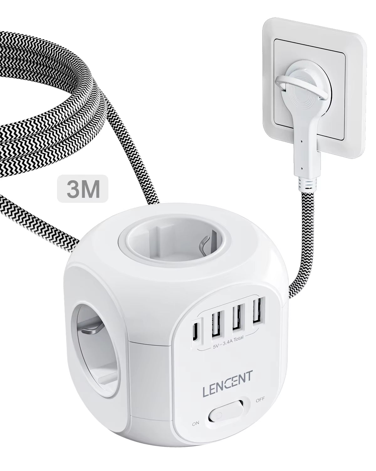 EU Plug Power Strip with 4 AC Outlets, 3 USB Ports, 1 Type-C Port, 2M/3M Braided Cable, Multi-Socket with Switch for Home Use