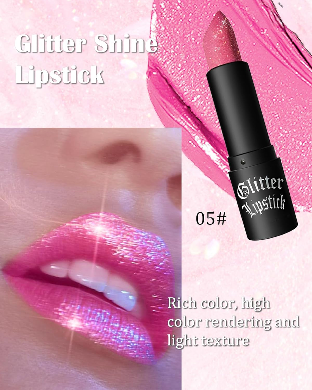 Rose Glitter Lipstick - Diamond Metallic Matte Finish, Waterproof Long-lasting Glitter Lip Gloss, Non-Stick Cup Shimmer Lip Tint, Makeup Gift for Women - 05 Pink